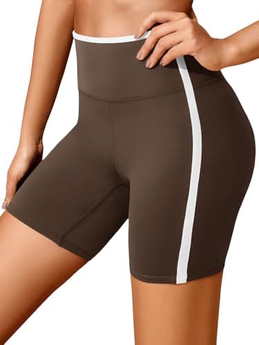 Aoysky Womens Tummy Control Workout Shorts Booty High Waisted Contrast Trim Athletic Biker Running Shorts Brown - Image 1