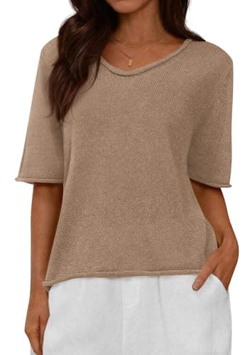 BTFBM Sweaters for Women 2026 Summer Oversized Half Short Sleeve Knitted Pullover V Neck‌ Casual Loose Fit Spring Tops(Khaki, Medium) - Image 1