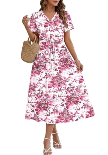 MOLERANI Casual Summer Dresses for Women Drawstring Maxi Dresses V Neck Short Sleeve Long Dress with Pockets, Ruby Secret Garden, M - Image 1