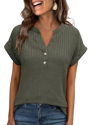 ANRABESS Womens Short Sleeve Henley Shirts V Neck Summer Sweaters 2026 Spring Business Tunic Tops Dressy Casual Work Blouses Deep Green X-Large - Image 1