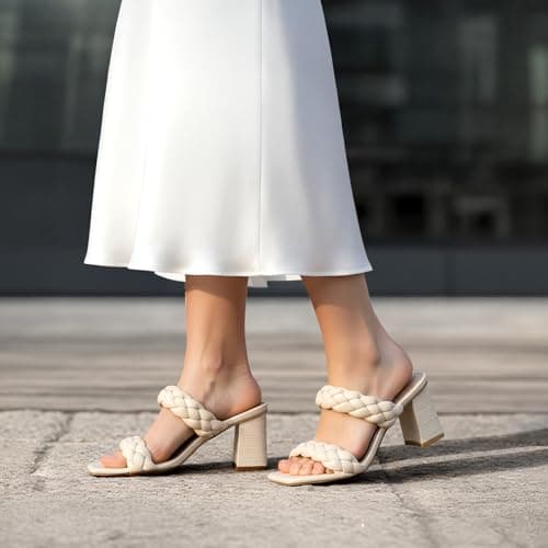 Athlefit Women's Braided Heeled Sandals Summer Square Open Toe Heels Slip On Block Heels Beige Size 7.5 - Thumbnail 2