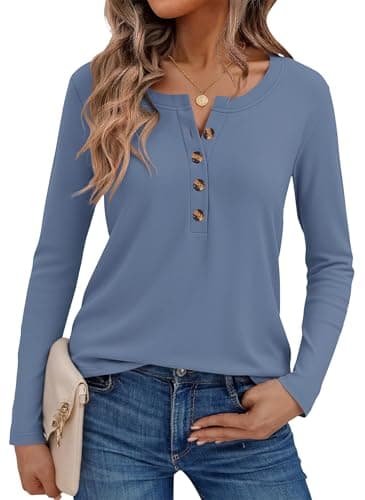 WNEEDU Sweatshirt for Women 2025 Henley Tunic Tops Casual Long Sleeve Shirts Crewneck Button Pullover(Gray Blue,M) - Image 1