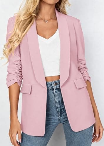 PRETTYGARDEN Women's 2026 Spring Blazers Business Casual Outfits Open Front Ruched 3/4 Sleeve Lightweight Work Suits Jackets (Pink,X-Small) - Thumbnail 2