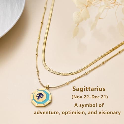 LETFLY Sagittarius Zodiac Necklace for Women, 18K Gold Plated Octagon Shaped Pendant with Cubic Zirconia Adjustable Layered Snake Chain for Womens Jewelry Gifts - Thumbnail 5