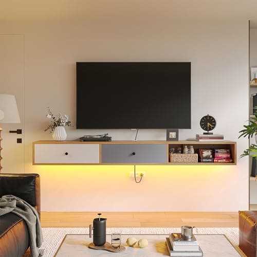 FurniNova 70" Floating TV Stand with Black Knobs, Plywood Wall Mounted Media Console for 75/80 inch TV, 2 Storage Doors & Open Shelf, Natural Wood Modern Entertainment Center for Living Room Bedroom