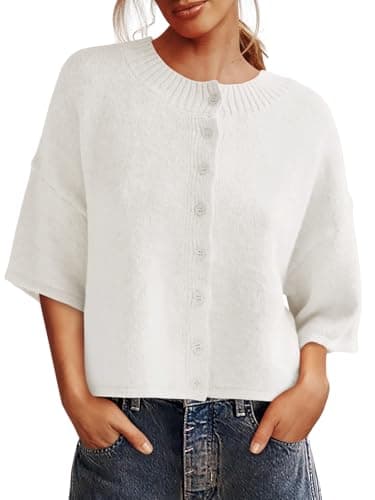 Saodimallsu Womens 3/4 Sleeve Cardigan Sweater Button Down Cropped Crewneck Cardigan 2025 Fall Casual Knit Tops White - Image 1
