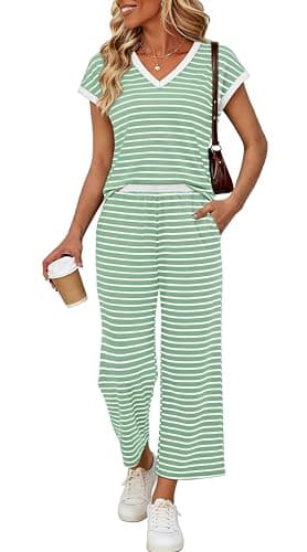 Two Piece Sets for Women Going Out Cruise Outfits for Women Lounge Sets Travel Vacation Spring Outfits Drawstring Sweatsuit with Pocket Green White Stripe XL - Image 1
