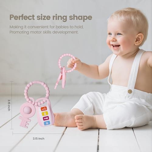 Silicone Baby Ring Toy with Two Teethers,Must Haves Teething Relief Chew Toys for 0-6,6-12 Months Boys and Girls,Newborns Essentials,Safe and Soft,BPA Free. (Keys) - Thumbnail 3