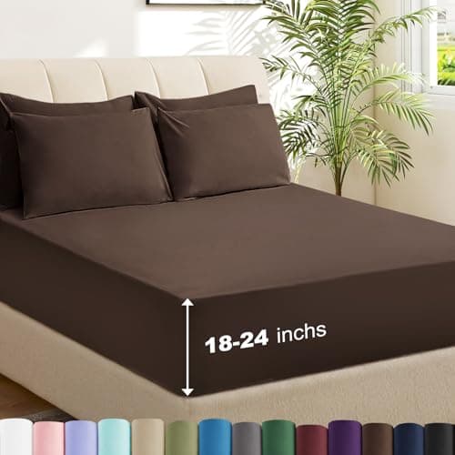USXIBEI 6 Piece Full Sheet Set – Breathable & Cooling Bedding Set with 18-24 Inch Deep Pockets - 1 Flat & 1 Fitted Sheet & 4 Pillowcases（Full Dark Brown - Thumbnail 2