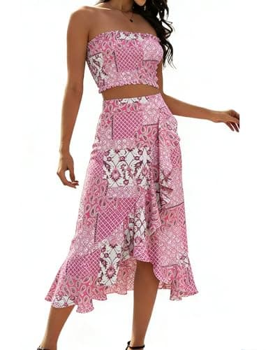 Angashion Women's 2 Piece Dress Floral Crop Top Maxi Skirt Set Outfit Dress with Pockets 2501 Pink Small - Image 1