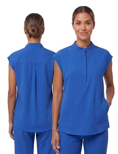 VECARDI Women's Scrub Top Zip Front Stretch Short Sleeve Nurse Uniform Shirt with Pockets Badge Loop Royal Blue - Thumbnail 2