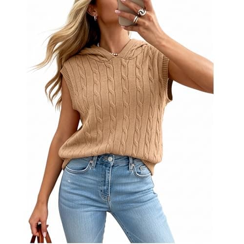 Truwelby Women’s Sweater Vest Sleeveless Cable Hoodies Casual Knit Sweater Solid Lightweight Pullover Summer Hooded Tank Tops (Khaki, S) - Image 1
