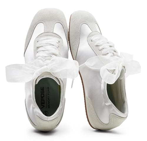Vepose Women's Satin & Suede Gat Sneakers - Grey Retro Classic Fashion Trainers Ribbon Laces - Lightweight Memory Foam & Non-Slip Comfort Walking Shoes Travel Everyday, Size 6M US (CJY8202 Grey 06) - Image 1