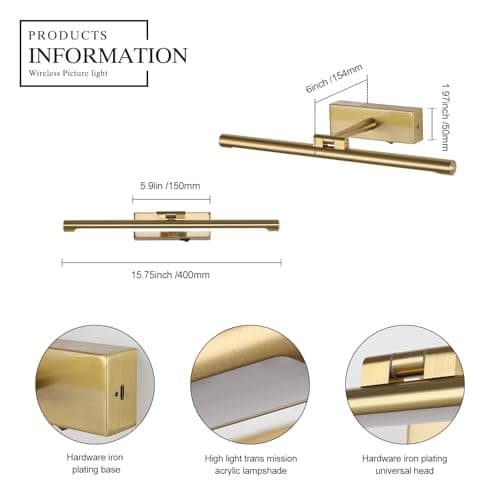 JOOSENLUX Battery Operated Picture Lights Wireless Wall Light Rechargeable Art Gallery Light for Paintings Dimmable and Timed Off Display Lights 15.75" Brass - Thumbnail 6