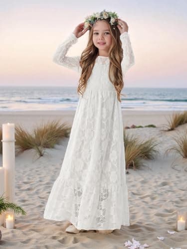 ALLOVIN Toddler & Girls Long Sleeve Lace Flower Girl Dress Maxi Boho A-Line Dress for Wedding Baptism 1st Communion | White | 8-9Y - Thumbnail 5