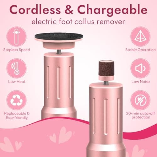 JINYAWA Electric Foot Callus Remover - 2-in-1 Rechargeable Cordless Foot File with LCD Display & 6 Speeds - Professional Foot Sander for Dead Skin, Thick Nails, Heels and Soles (Pink) - Thumbnail 3
