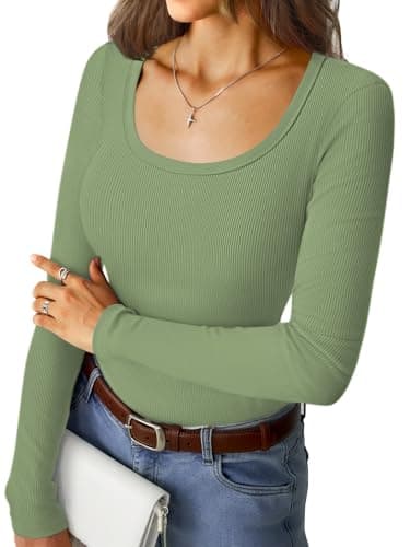 GKBK Long Sleeve Tops for Women Ribbed Knit Scoop Neck Slim Fitted Tight Basic Tee Shirts Lightweight Fall Sweaters 2025 Fashion Trendy Outfits Light Green - Image 1