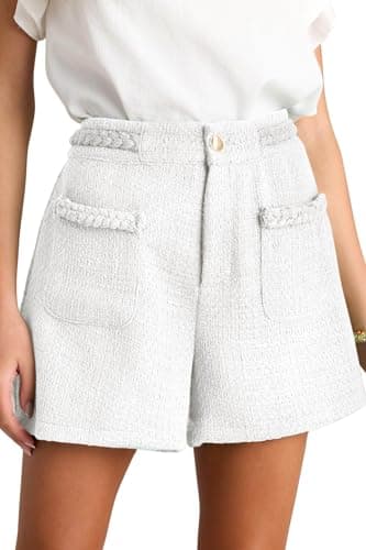 Cicy Bell Womens Tweed Summer Shorts High Waisted Wide Leg Dressy Casual Shorts with Front Pockets White - Image 1