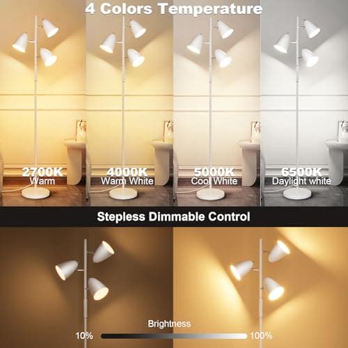 QiMH LED Floor Lamp for Living Room, Modern Dimmable Standing Lamp with 4 Color Temperature,Remote and Touch Control, Tree Floor Lamp for Bedroom with 3 Rotatable Lights Bright Stand up Lamp, White - Thumbnail 2