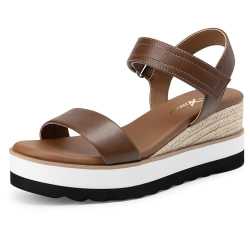 Athlefit Espadrille Wedge Sandals for Women, Open Toe Ankle Strap Low Wedge Heel Platform Sandals for Summer, Brown Size 8.5, SAPS2617W - Image 1