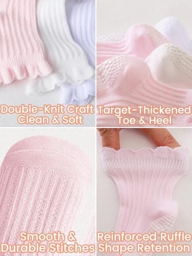 ALLOVIN 6 Pairs Non-Slip Ruffle Lace Socks for Baby & Toddler Girls – Soft Cotton Grip Socks | Off-white | 3-5 Years - Thumbnail 5