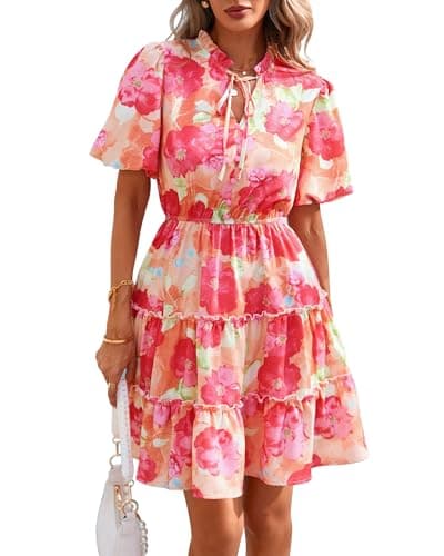 BTFBM Women Summer Floral Short Dresses V Neck Short Sleeve Tiered Ruffle Boho Swing Dress A-Line Mini Dresses(Pink Floral,Large) - Image 1