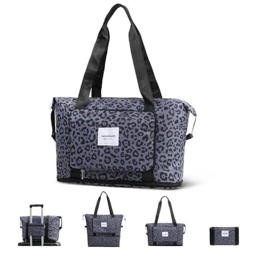WOOMADA Foldable Travel Duffel, Weekender Bag with Expandable Space, Carry-On for Airplanes, Gym Bag for Women (Black Leopard)
