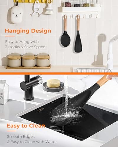 FINENUT Cooking Spoon Multifunction Spoonula Silicone Spatula Spoon 2-Pack, Dual-Use Heat Resistant 446°F, BPA-Free Non-Toxic Wooden Handle Rice Spoon Set for Non-Stick Cookware & Rice Cookers (Black) - Thumbnail 6