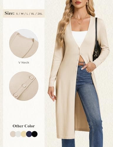GRACE KARIN Womens Long Cardigan Trendy, Lightweight Knit Dusters Coat, V Neck Button Up Sweater Maxi Dress Beige 2XL - Thumbnail 5