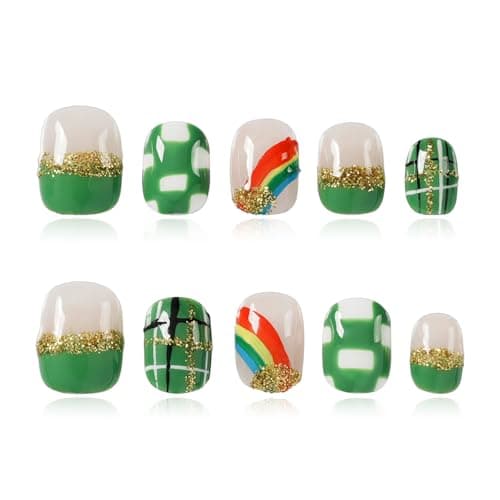 Tesytto St. Patrick’s Day Press On Nails Extra Short Round - Hand-painted Check Designs & Rainbow, Glitter Acrylic False Nails for St. Patrick Party Accessory (Green & Gold Rainbow Starlight, S) - Image 1