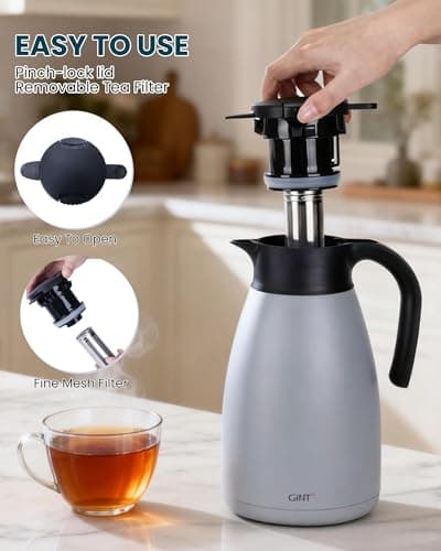 GiNT 74oz Large Thermal Coffee Carafe with Infuser–Insulated Tea Carafe, Removable Filter, Dishwasher-Safe|2.2L 10+ Cups,Wide Mouth,Dual Seal|Stainless Steel Beverage Server for Office&Events - Thumbnail 4
