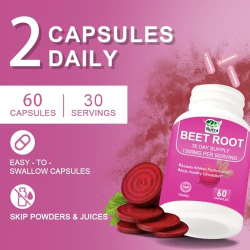 Beet Root Capsules - 1300mg Beetroot Powder Capsules for Natural Energy - 60 Vegan Beetroot Supplement Supports Blood Pressure, Athletic Performance, Digestive, Immune System (Beetroot) - Thumbnail 4