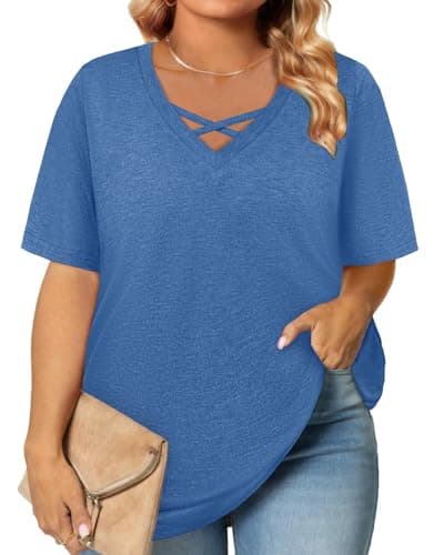 Plus Size Summer Spring Tops Clothes Womens Fashion Clothing Oversized V Neck Short Sleeve T Shirts Blouses for Women Beach Travel Cruise Essentials Vacation Easter Outfits 2026 Blue 3XL - Image 1
