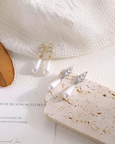 Pearl Earrings for Women, Hypoallergenic Silver Cubic Zirconia Pearl Dangle Earrings Bridal Shower Gifts Wedding jewelry for Women - Thumbnail 5