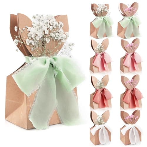 TOLGOE Easter Bunny Goodie Gift Bags - 24 Pcs DIY Boho Rabbit Ear Paper Gift Boxes with Dried Flowers & Ribbon for Candy Treats, Neutral Spring Party Favors for Classroom Birthday