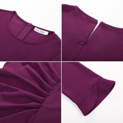 GRACE KARIN Women's 3/4 Sleeve Bodycon Work Dress 2026 Business Formal Midi Dresses Classy Office Outfits Pink Purple L - Thumbnail 4