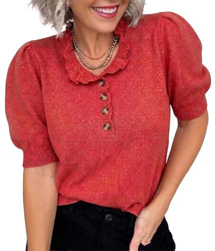 MONORA Short Sleeve Sweater for Women Trendy Pullover Knit Tops 2026 Ruffle Crewneck Puff Sleeve Spring Summer Fashion Lightweight Business Casual Outfits Red - Image 1