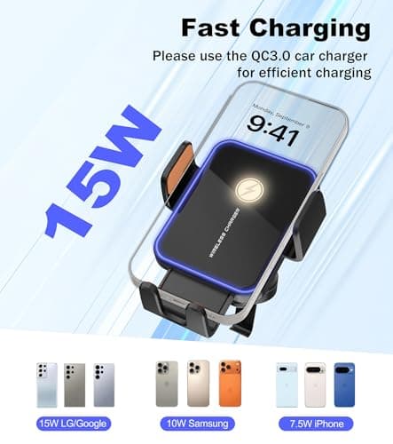 Car Mount Charger, 15W Fast Charging Auto Clamping Wireless Car Charger with 7-Color LED Lights, Air Vent Phone Holders for Your Car Accessory for iPhone Air 17 Pro Max 16 15 14 13 12, Galaxy S25 - Thumbnail 2