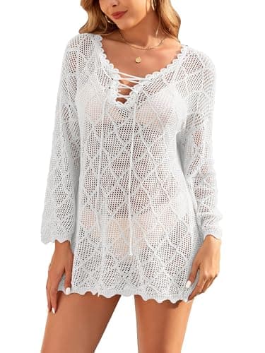 VIAURBE Women's Crochet Cover Ups 2025 Hollow Out Bathing Suit Bikini Coverup Knit Swimsuit Beach Dress White XL - Image 1