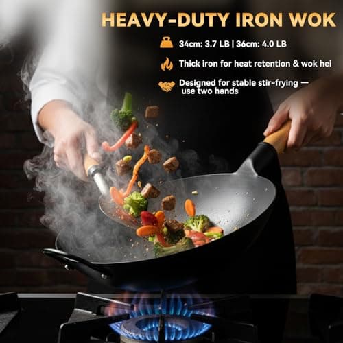 WANGYUANJI 14.2" Carbon Steel Wok Round Bottom (Gas Stove Only Requires Separate Wok Ring for Flat Grates) Heavy Duty Nitriding Iron Stir Fry Pan (Spatula & Brush Included - Lid & Ring NOT Included) - Thumbnail 2