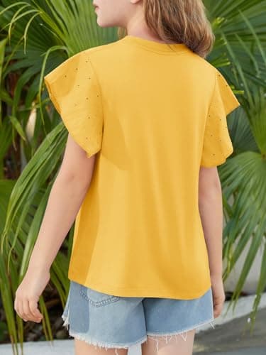Girls Ruffle Sleeve Shirts Butterfly Sleeve Blouse Summer Eyelet Cute T-Shirt Crewneck Tee Tops for Girls 4-15 Yellow - Thumbnail 5