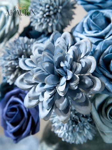 Dusty Blue Artificial Flowers Combo, Fake Silk Dahlia, Roses, Chrysanthemum Balls with Stems for Wedding Bridal Bouquets, Baby Shower, Party, Table Centerpieces, Home Decor & DIY Floral Arrangements - Thumbnail 4