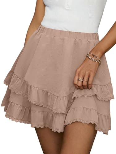 Caracilia Women's Summer Casual Flowy Skorts with Shorts Underneath Ruffle Tiered Mini Skirts for Tennis Golf Boho Shorts Khaki Small - Image 1