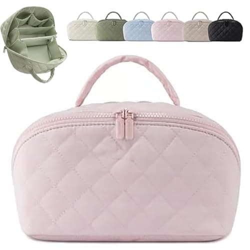 Petitionm Makeup Travel Bag, Makeup Bag for Woman, Wide-Open Lay-Flat Cosmetic Bags, Large Capacity Water-Resistant Toiletry Organizer with Compartments, 180° Open Travel Makeup Case (Pink) - Image 1
