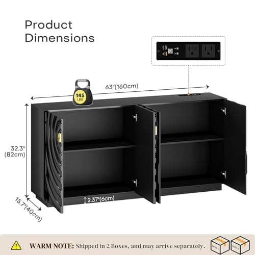 LVSOMT 63" High-Gloss Sideboard Buffet Cabinet with Storage, Large Coffee bar Cabinet with RGB Lights and Power Outlet, Modern Console with 4 Doors for Kitchen and Living Room, Black - Thumbnail 2