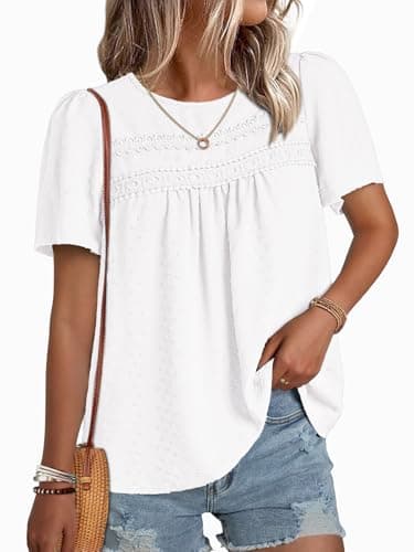 NORACORA Womens Summer Tops Crewneck Short Sleeve Shirts Casual Chiffon Boho Babydoll Blouses Flowy Lace Hem White Clothing Trendy 2026 White L - Image 1