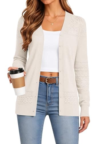Jouica Lightweight Knit Cute Cardigan for Women Long Sleeve V-Neck Hollwed-Out Crochet Summer Tops 2026,Beige,Large - Image 1