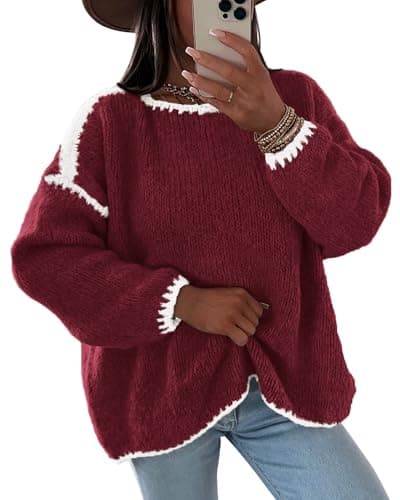 KIRUNDO Womens Sweaters 2026 Fall Oversized Long Sleeve Chunky Knit Crew Neck Contrast Stitching Pullover Winter Clothes(Burgundy, Large) - Image 1