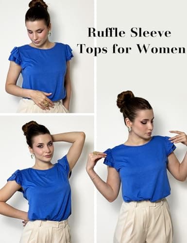 NORACORA Women's Ruffle Sleeve Summer Tops Crewneck T Shirts Dressy Casual Loose Fit Blouses Spring Outfits 2025 Royal Blue - Thumbnail 5