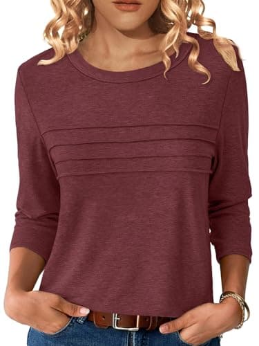 NORACORA Womens 3/4 Sleeve Tops Spring Summer Round Neck Dressy Shirts Tunic Pleated Tees Business Casual T-Shirts Fall Goning Out Outfits Wine Red XL - Image 1